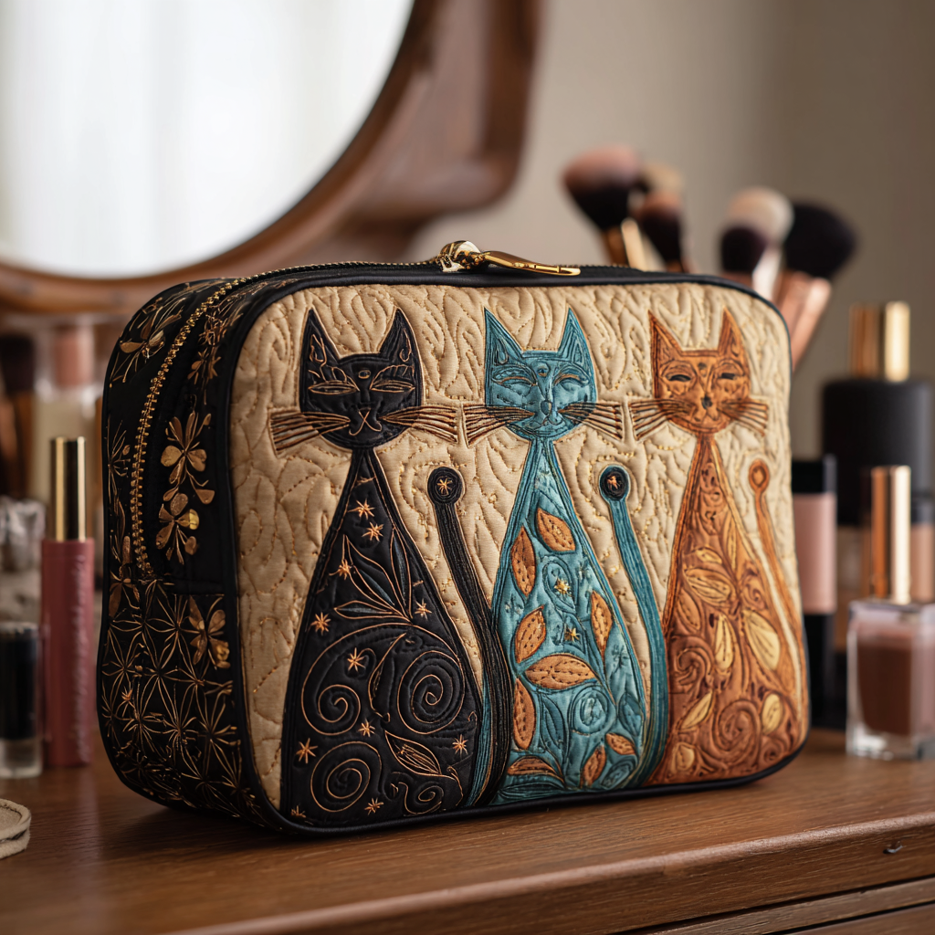 Gesteppte Kosmetiktasche mit harmonischer Katze NCU0DK10140