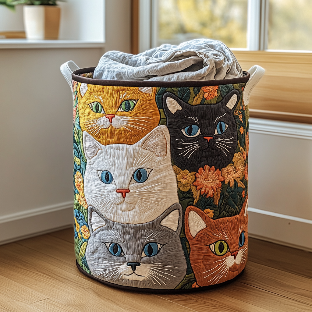 Gesteppter Wäschekorb – mit Katzen und Blumen NCU0DDK803