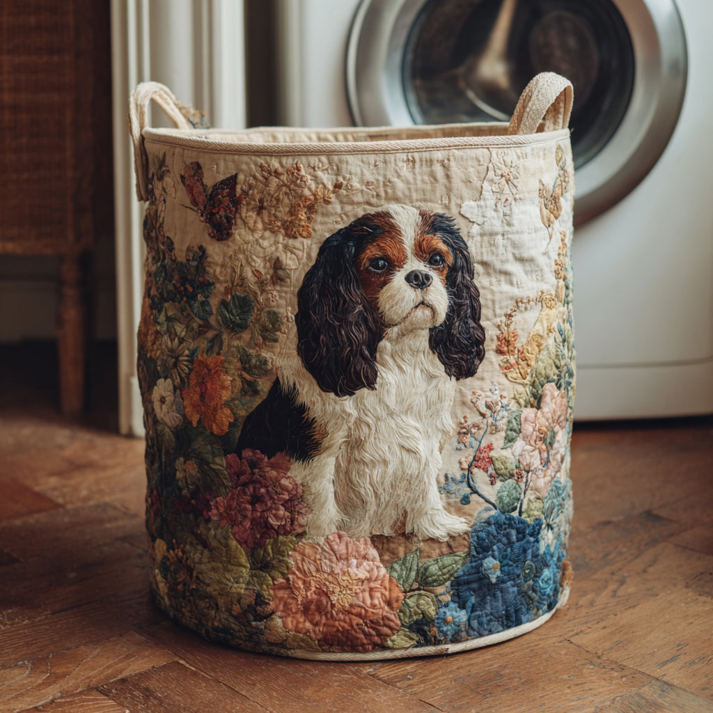 Gesteppter Wäschekorb – mit Cavalier King Charles und Blumen NCU0HNH456