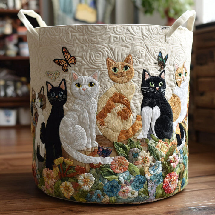 Gesteppter Wäschekorb – mit Katzen und Blumen NCU0PTT1894