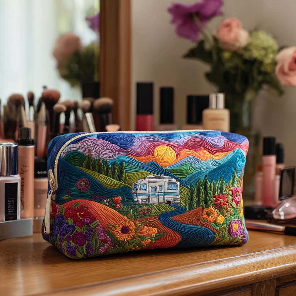 Gesteppte Kosmetiktasche mit Retro-Reisemuster NCU0PT9477