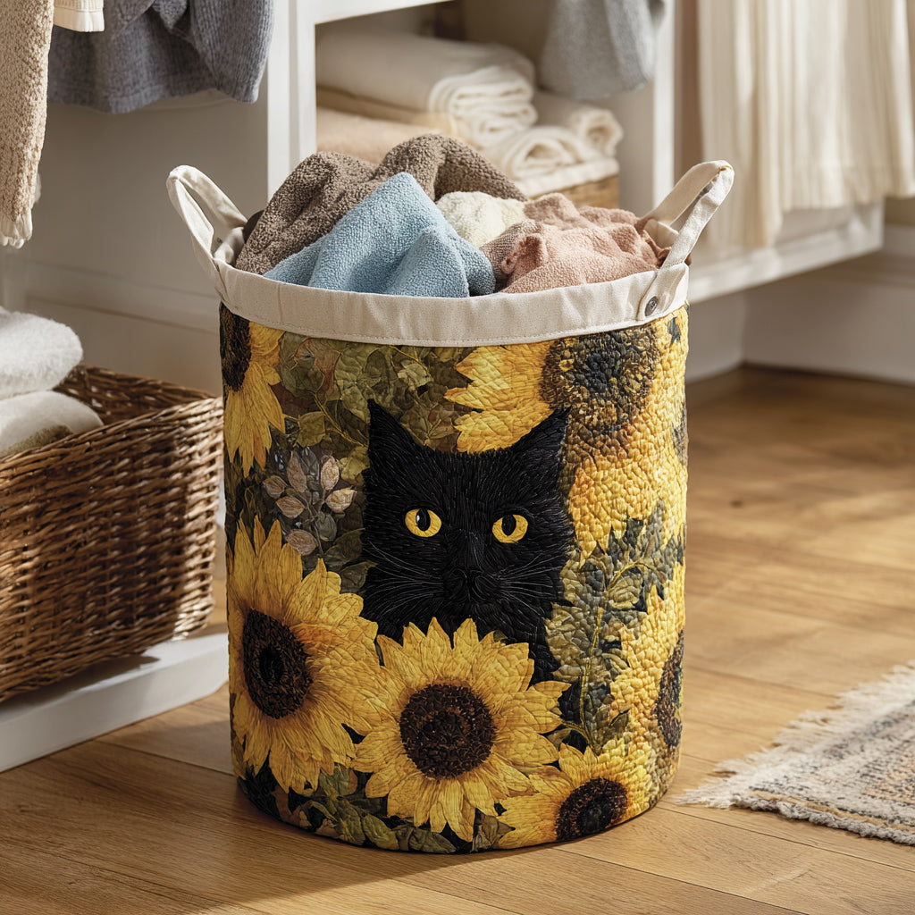 Gesteppter Wäschekorb – mit schwarzer Katze und Sonnenblume NCU0HNH037