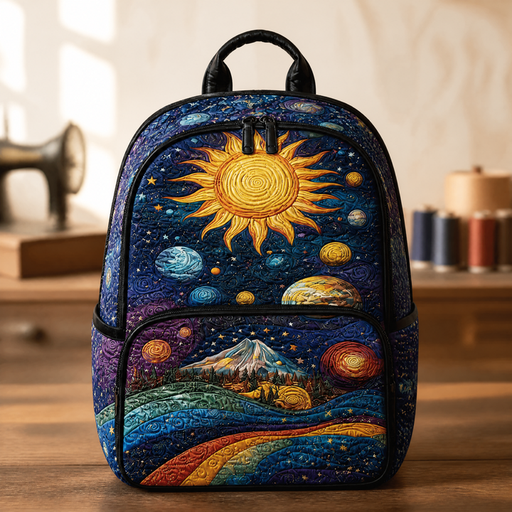 Gesteppter Rucksack mit Sonne und Bergen