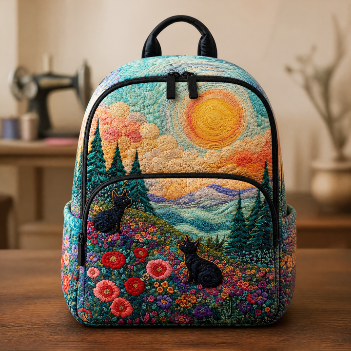 Gesteppter Rucksack mit Blumen und Bergen