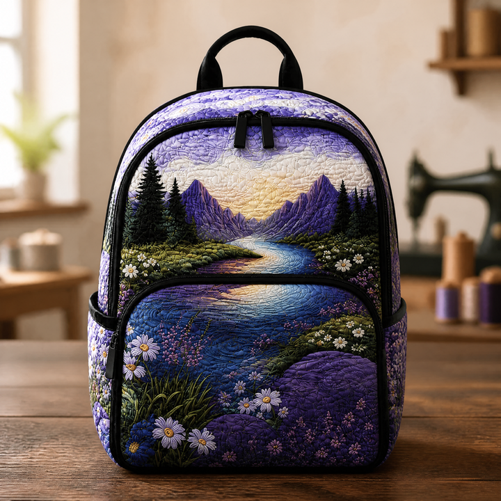 Lila gesteppter Rucksack mit Blumen und Bergen